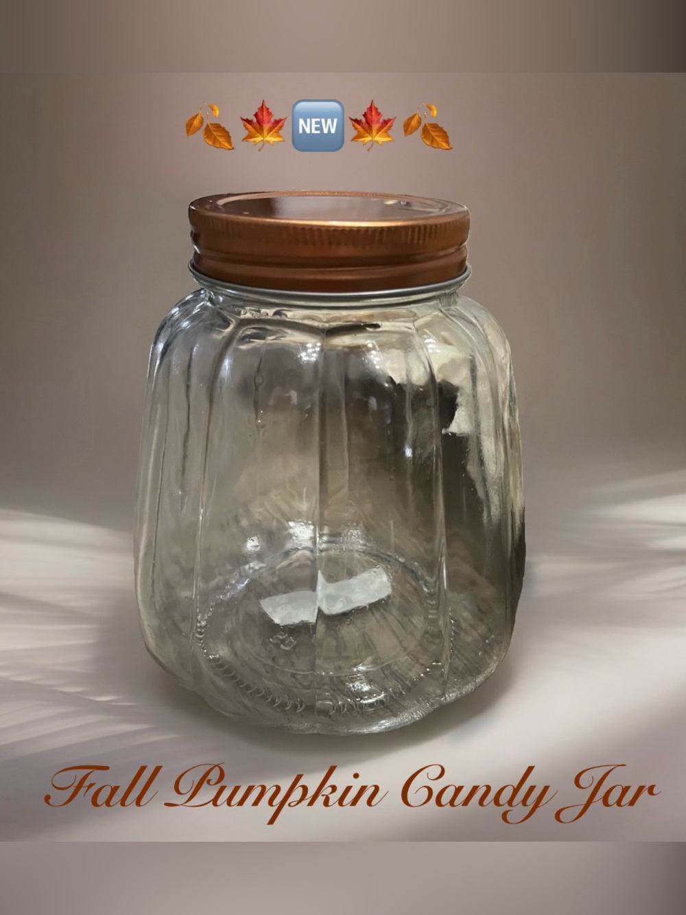 Pumpkin Jar~ Fall Clear-Colored Glass with Copper Lid ~New~ Many Uses… 🍂🆕🍂
